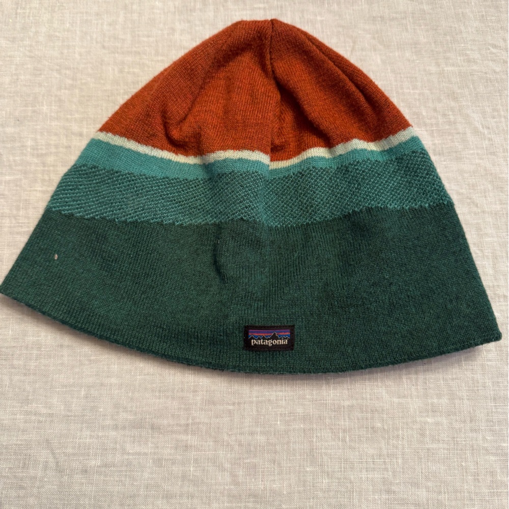 Patagonia Orange and Teal Striped Beanie